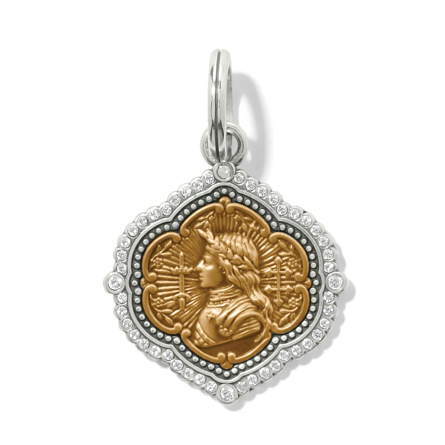 Brighton charm pendant with gold-tone figural portrait medallion and two-tone crystal-set frame on a white background
