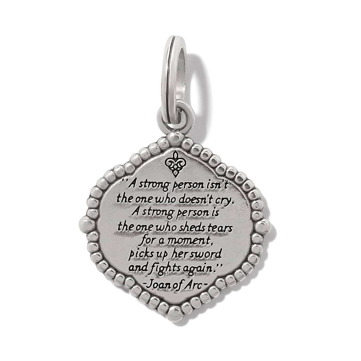 Brighton pendant charm with engraved Joan of Arc quote and beaded silver-tone border on a white background
