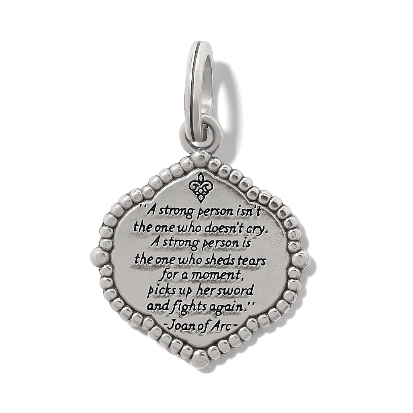 Brighton pendant charm with engraved Joan of Arc quote and beaded silver-tone border on a white background