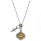 Brighton two-tone charm necklace with crystal cross and gold medallion pendant featuring crystal accents on a white background