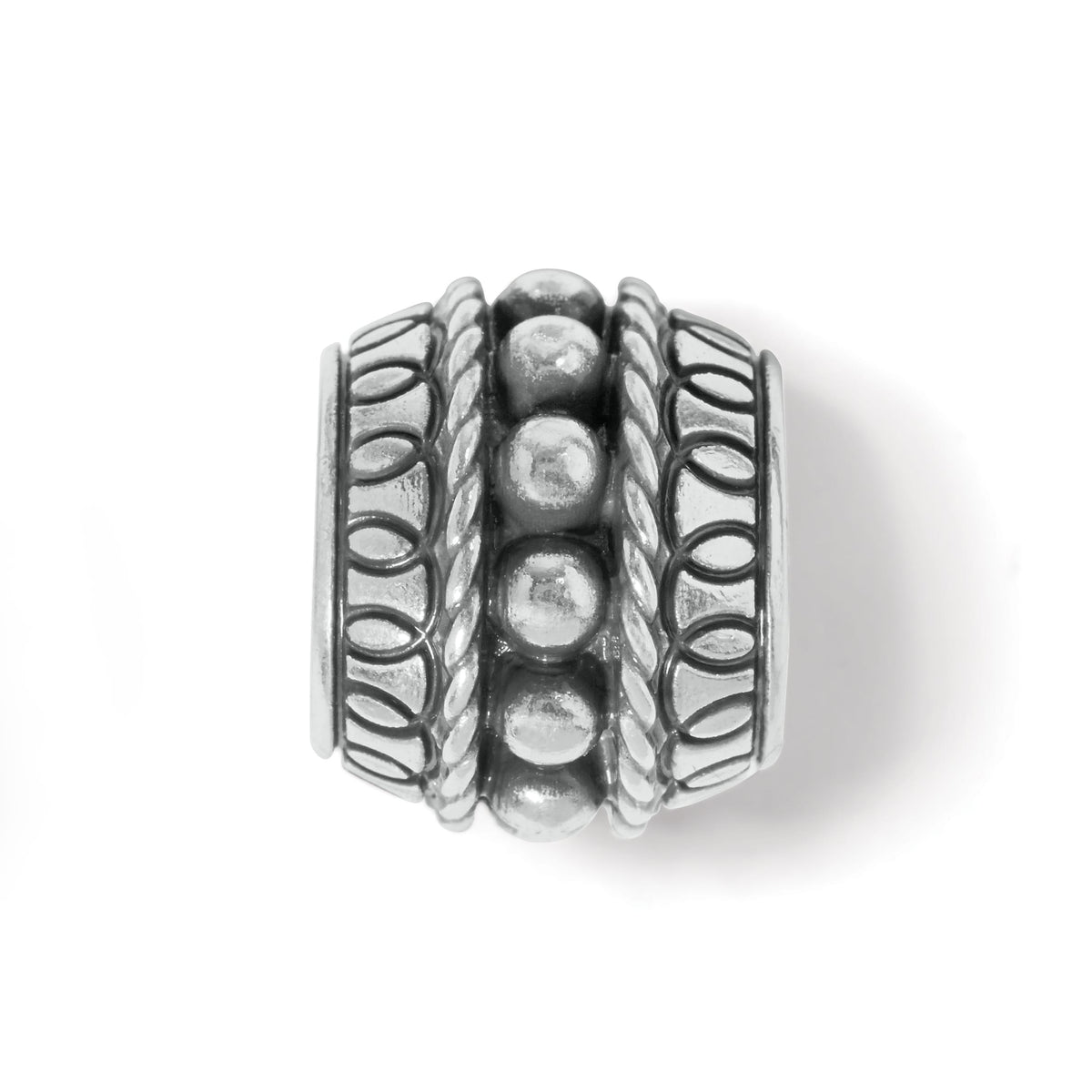 Brighton silver-plated barrel bead charm with beaded center row and rope and oval patterned borders on a white background