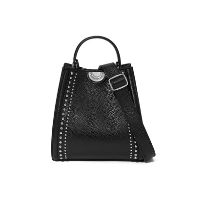 Brighton black pebbled leather handbag with silver-tone studded trim, top handle, and adjustable shoulder strap on a white background
