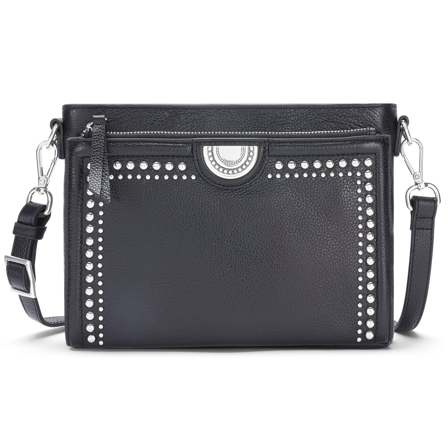 Brighton black leather crossbody handbag with silver-tone studded trim, medallion accent, and adjustable strap on a white background