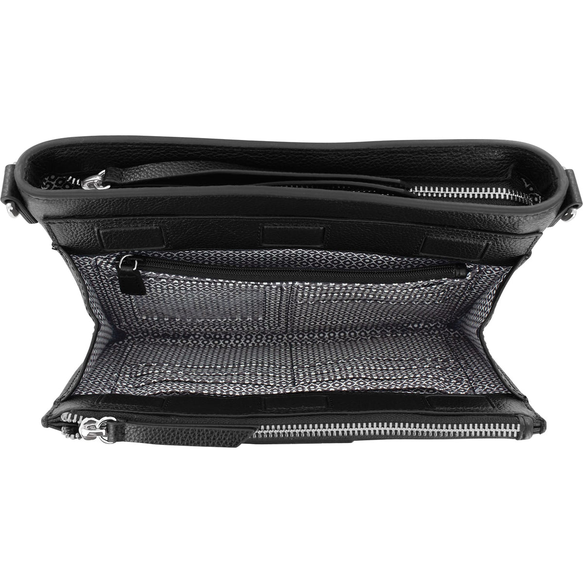 Brighton black leather handbag shown open with patterned interior lining and zippered pocket on a white background