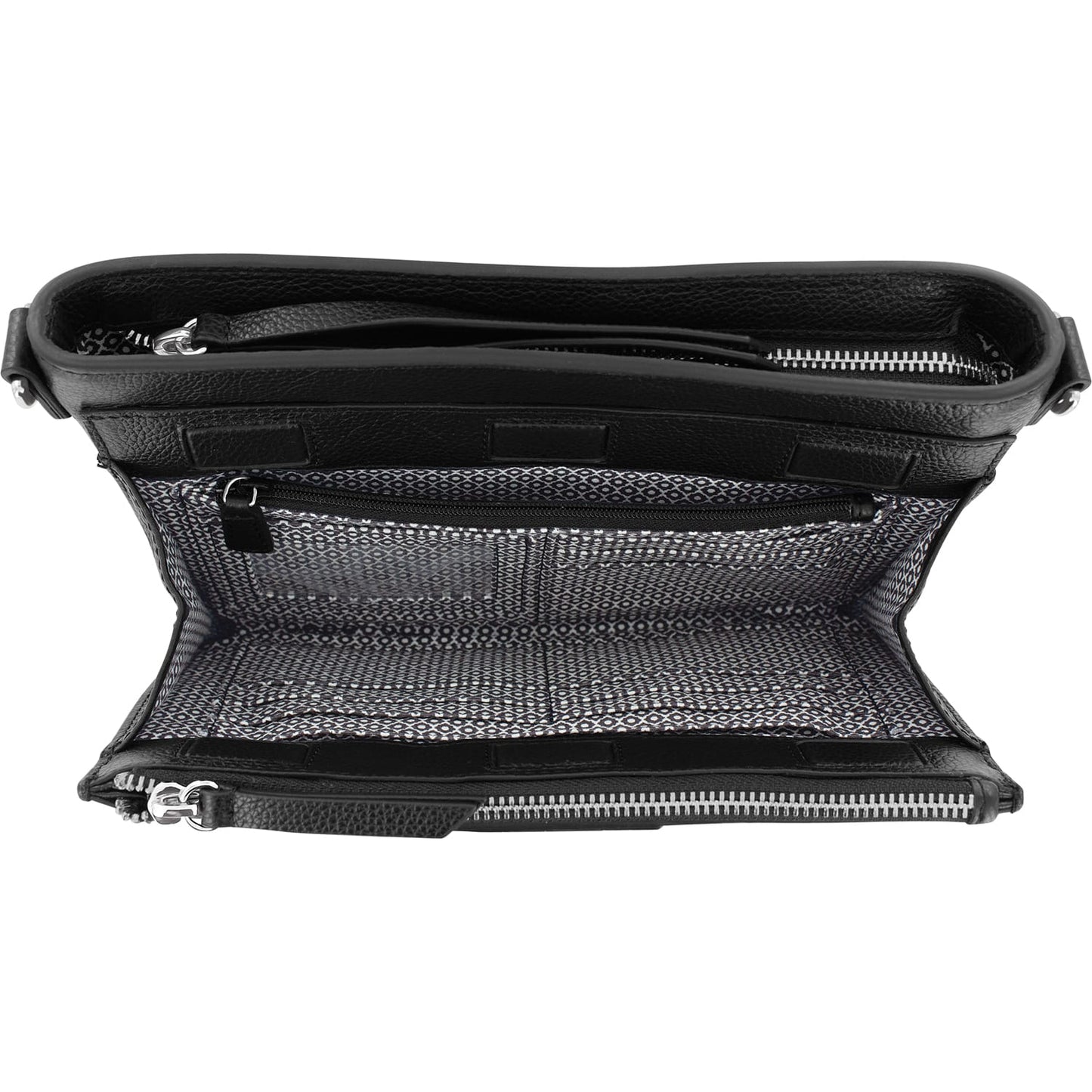 Brighton black leather handbag shown open with patterned interior lining and zippered pocket on a white background