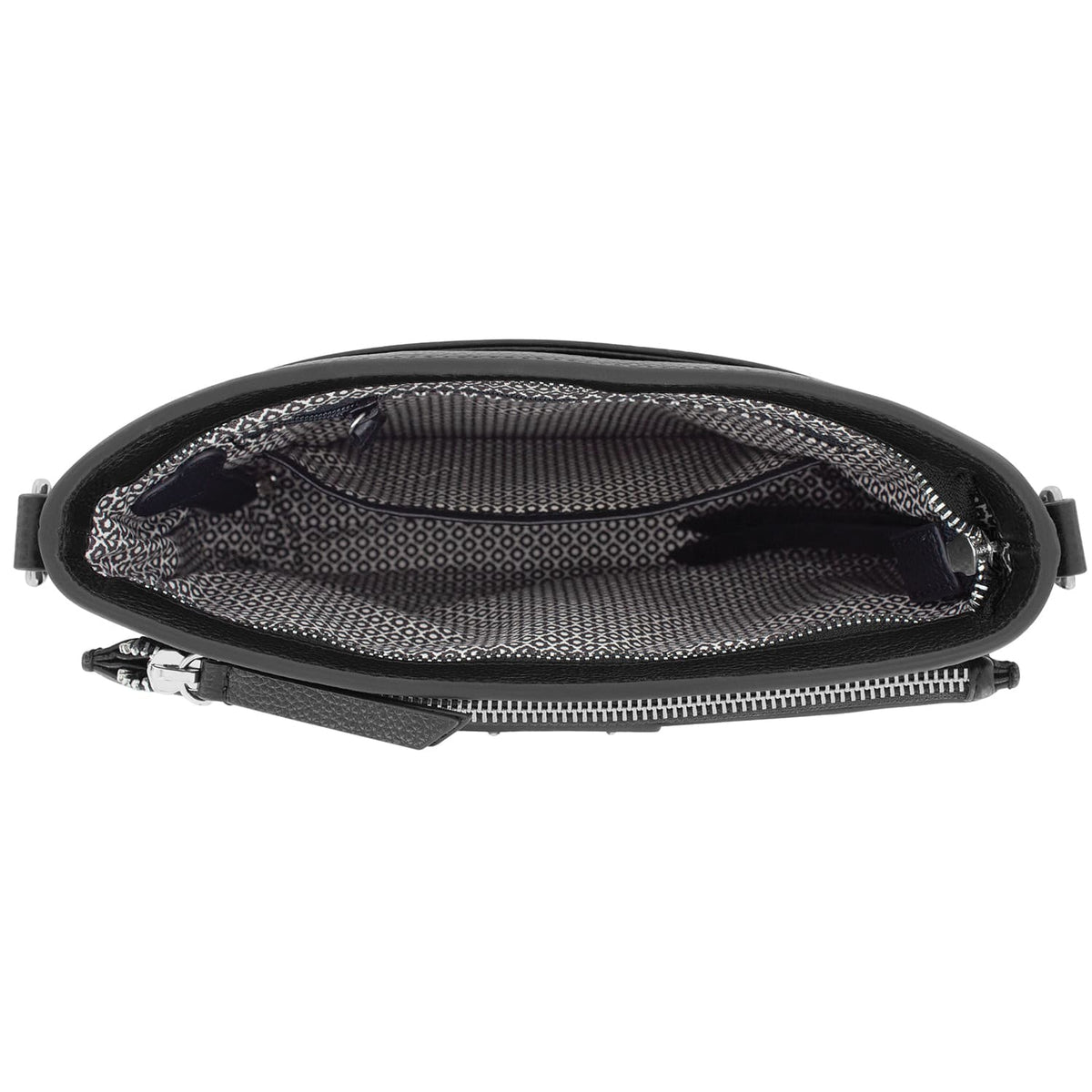 Close-up of Brighton black handbag interior view with patterned fabric lining, zippered pocket, and silver-tone zipper
