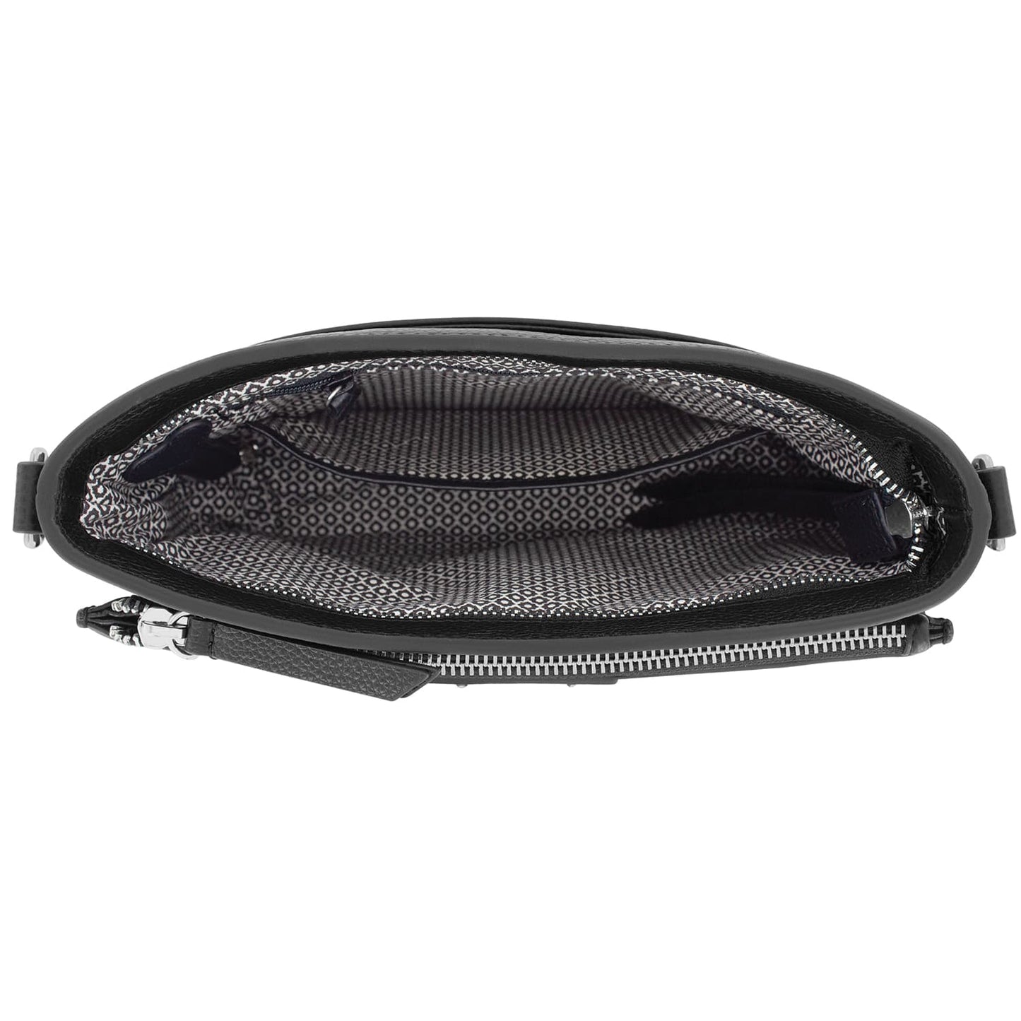 Close-up of Brighton black handbag interior view with patterned fabric lining, zippered pocket, and silver-tone zipper