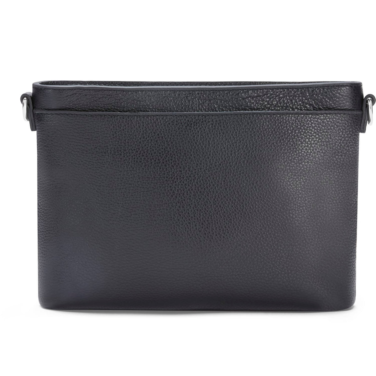 Brighton handbag shown from the back with black pebbled leather texture and silver-tone strap rings on a white background