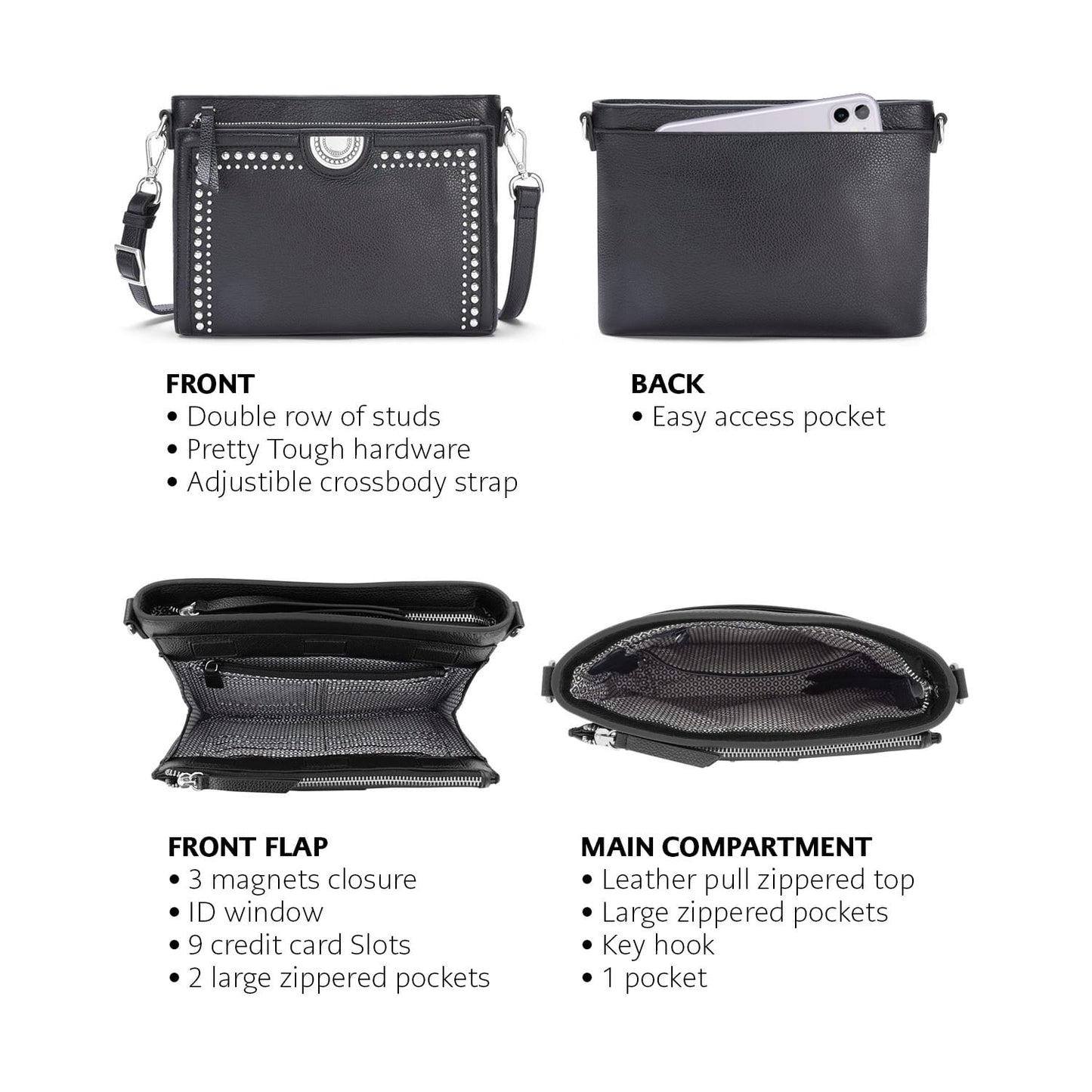 Close-up of Brighton black studded crossbody handbag showing front, back, front flap, and main compartment views