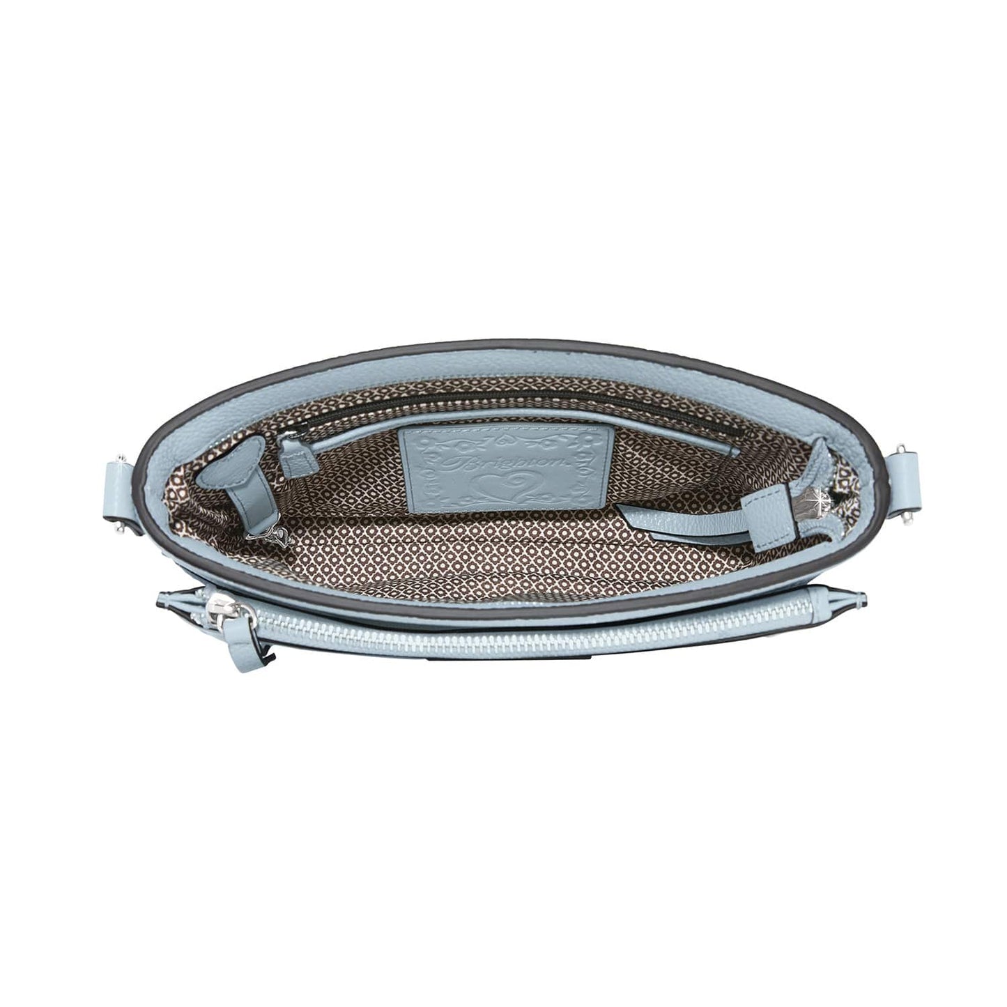 Close-up of Brighton light blue leather handbag interior view showing patterned fabric lining and embossed logo tag