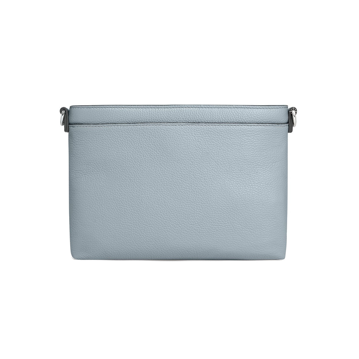 Brighton handbag shown from the back in light blue pebbled leather with silver-tone strap hardware on a white background