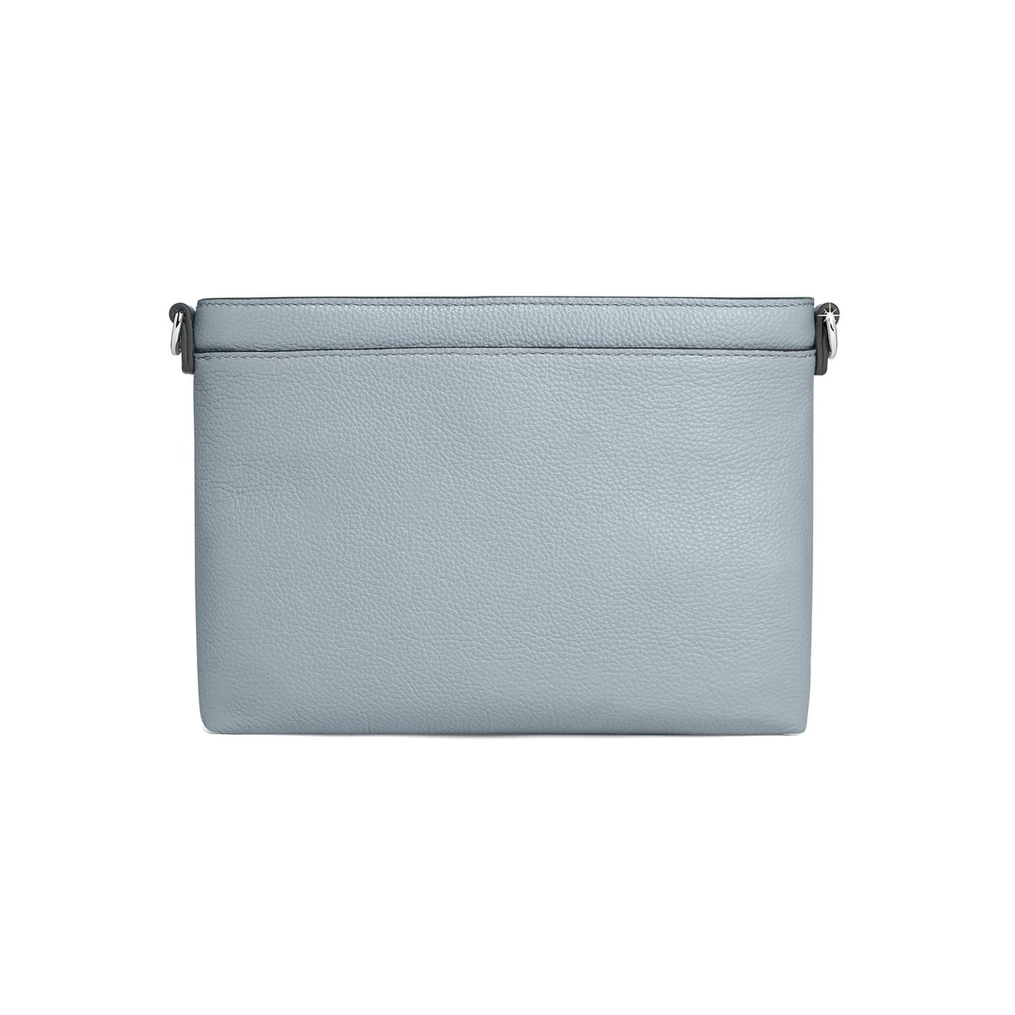 Brighton handbag shown from the back in light blue pebbled leather with silver-tone strap hardware on a white background