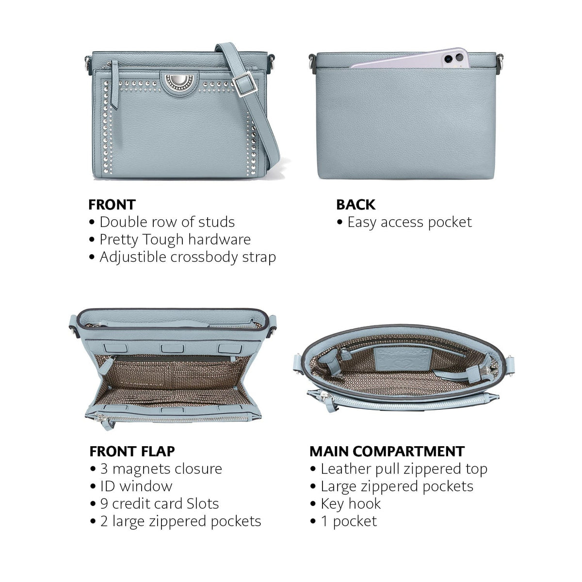 Brighton light blue handbag shown from multiple angles with studs, back pocket, front flap, and interior on a white background