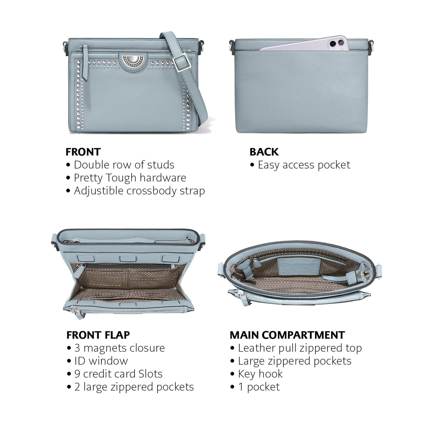 Brighton light blue handbag shown from multiple angles with studs, back pocket, front flap, and interior on a white background