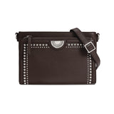 Brighton brown leather crossbody handbag with silver-tone studded trim, medallion accent, and adjustable strap on a white background