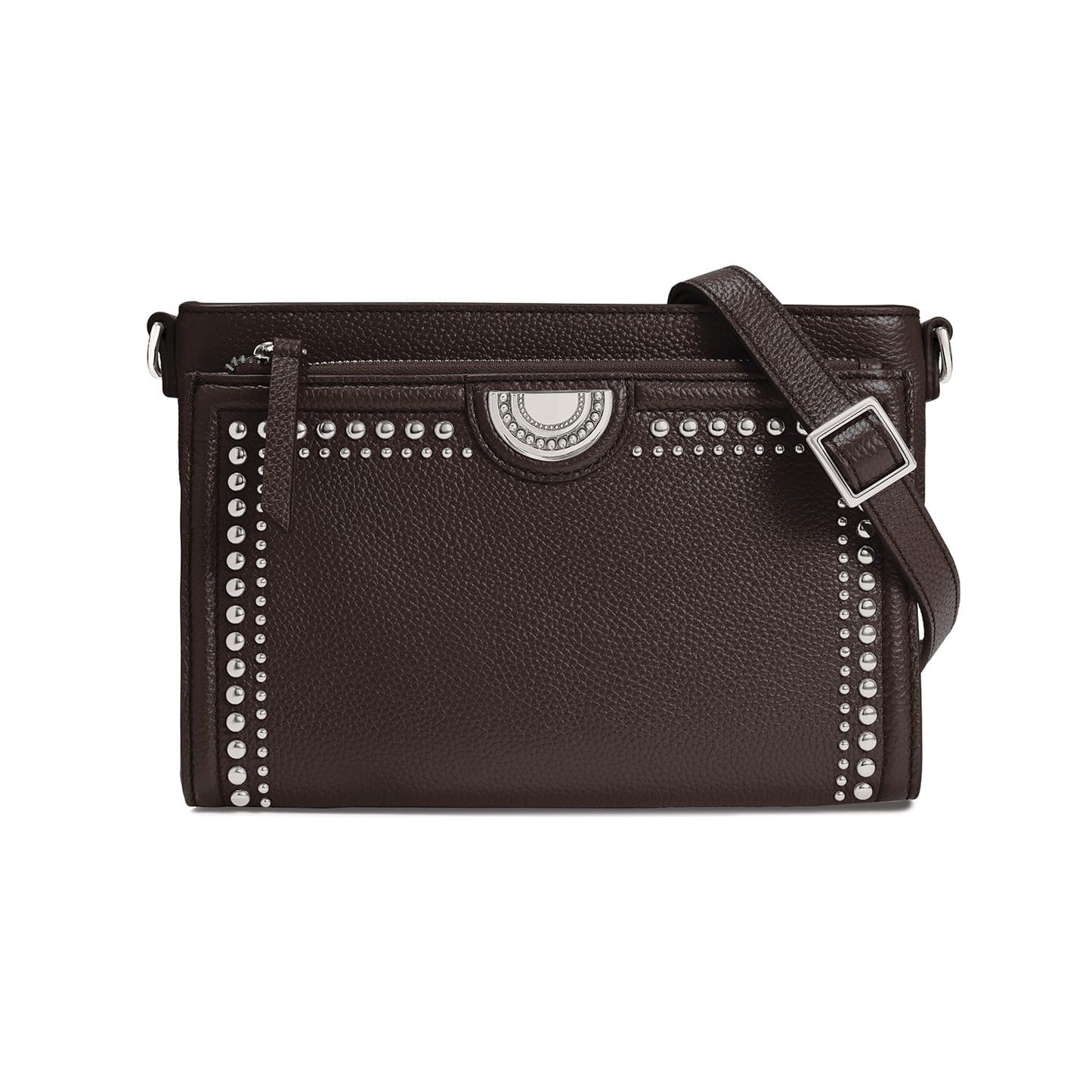 Brighton brown leather crossbody handbag with silver-tone studded trim, medallion accent, and adjustable strap on a white background