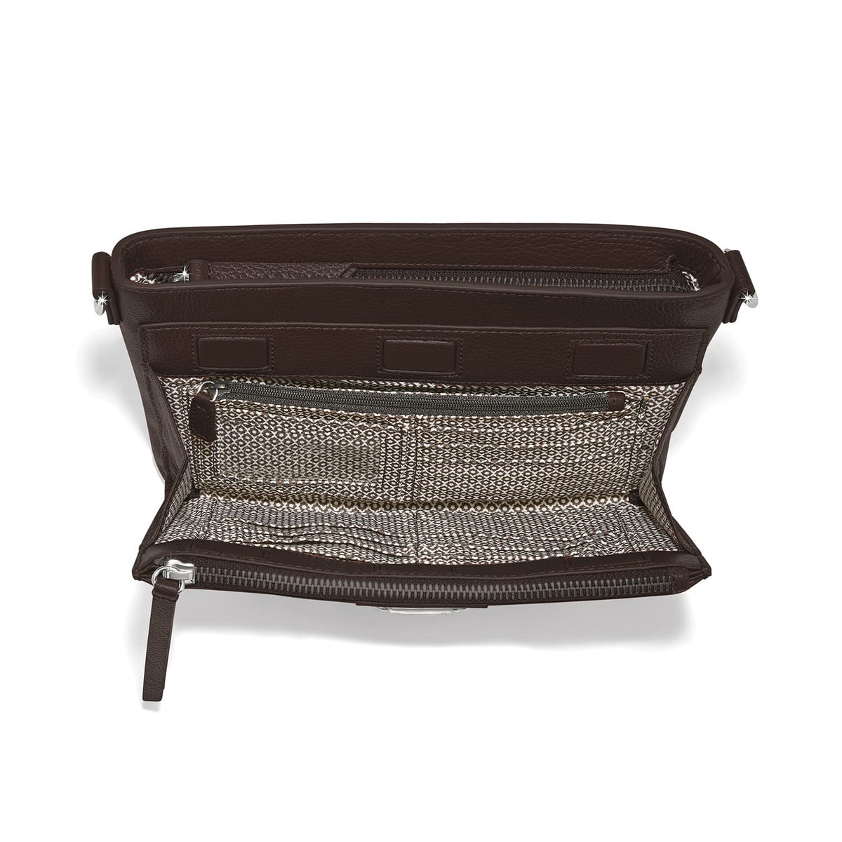 Brighton brown leather handbag shown open with patterned interior lining and zippered pocket on a white background