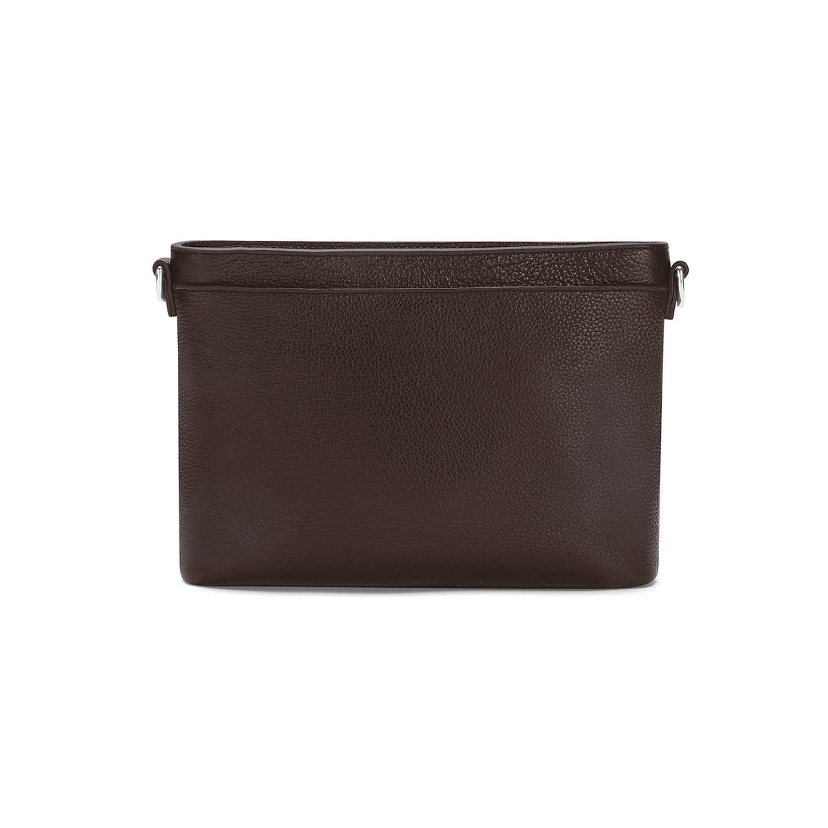 Brighton handbag shown from the back in dark brown pebbled leather with silver-tone strap hardware on a white background