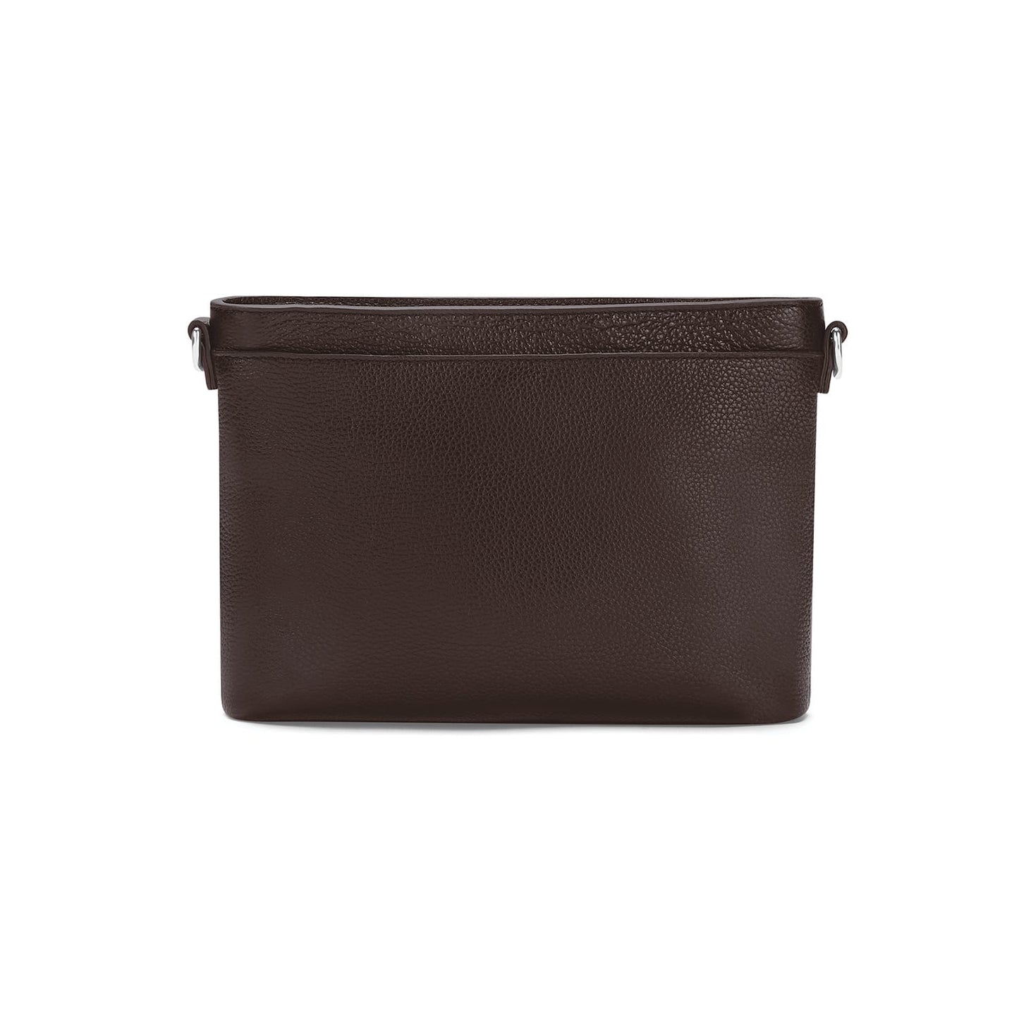 Brighton handbag shown from the back in dark brown pebbled leather with silver-tone strap hardware on a white background
