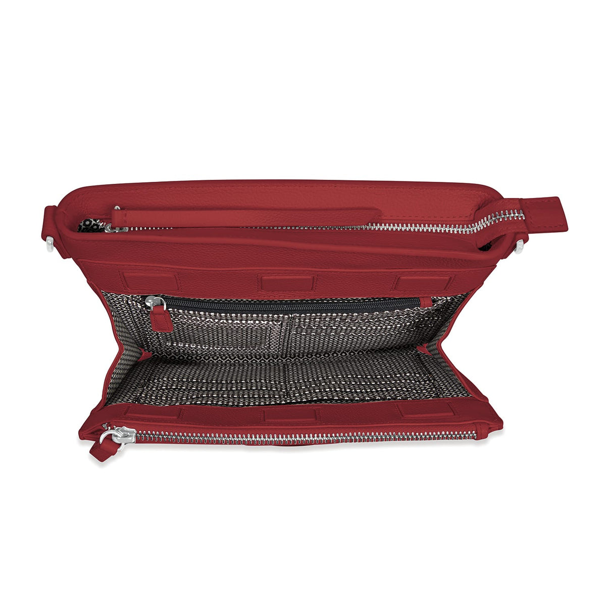 Brighton red leather handbag shown open with patterned interior lining and silver-tone zippered pocket on a white background