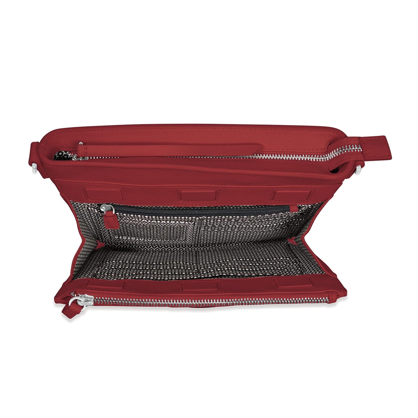 Brighton red leather handbag shown open with patterned interior lining and silver-tone zippered pocket on a white background