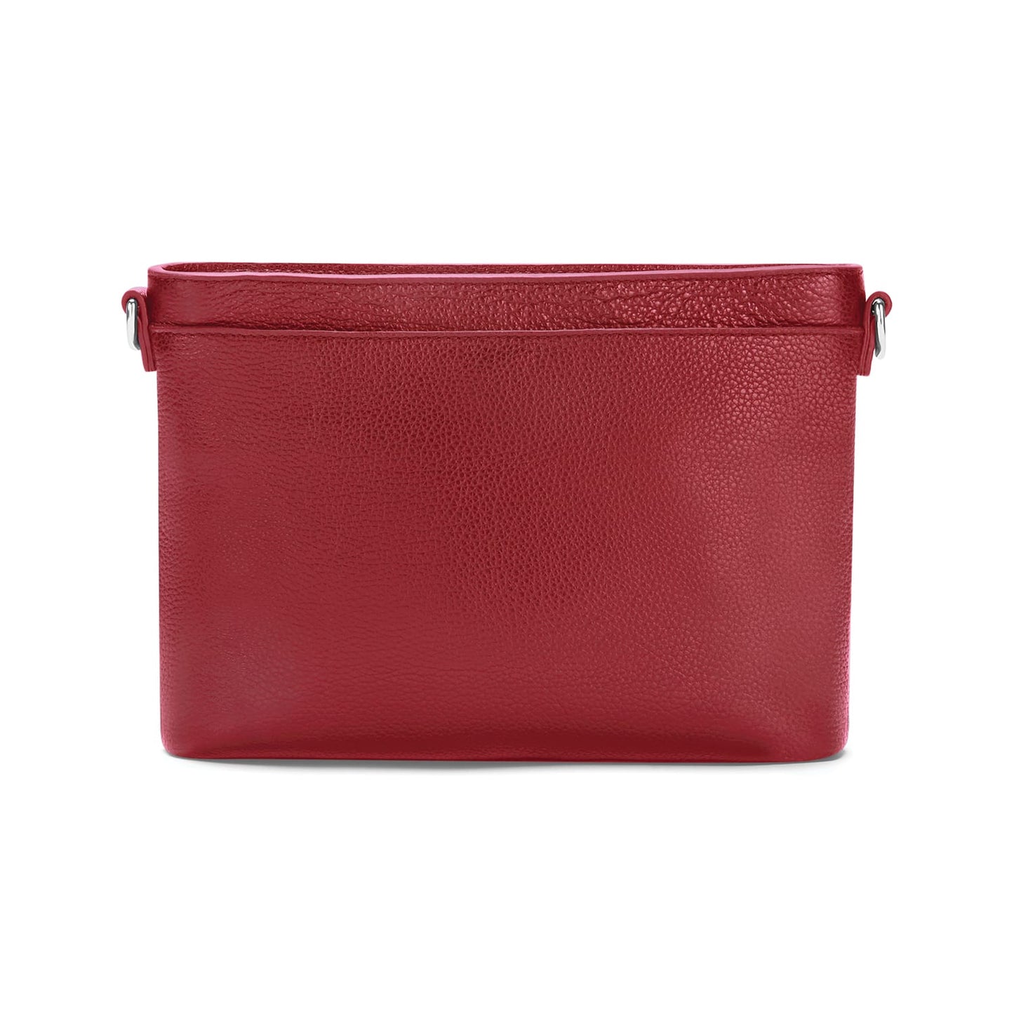 Brighton handbag shown from the back in red pebbled leather with silver-tone strap hardware on a white background