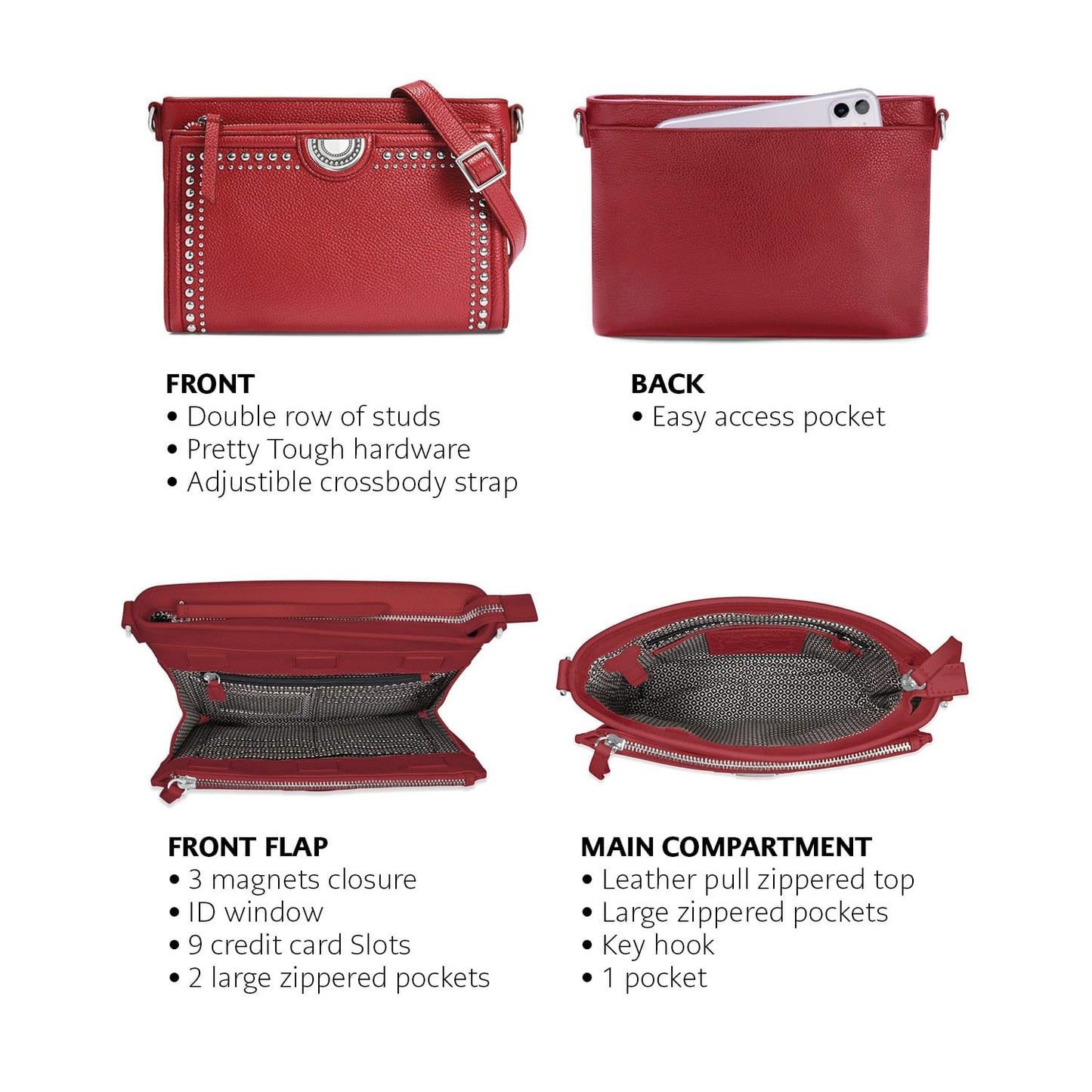Close-up of Brighton red leather crossbody handbag showing front, back, flap interior, and main compartment views