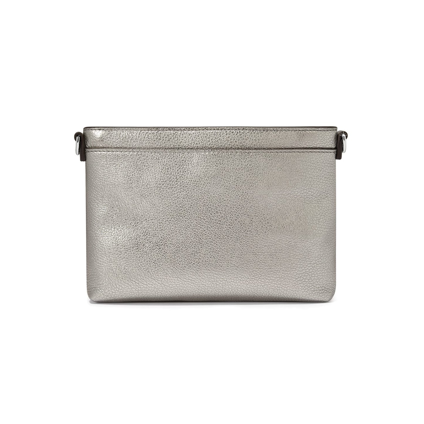Brighton handbag shown from the back in metallic silver pebbled leather with side strap loops on a white background