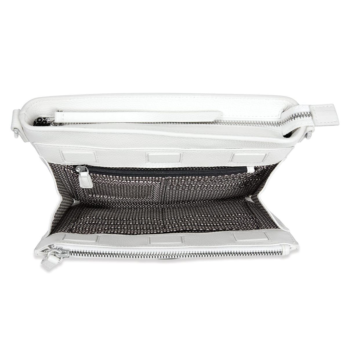 Brighton white leather handbag shown open with patterned interior lining and silver-tone zipper pocket on a white background