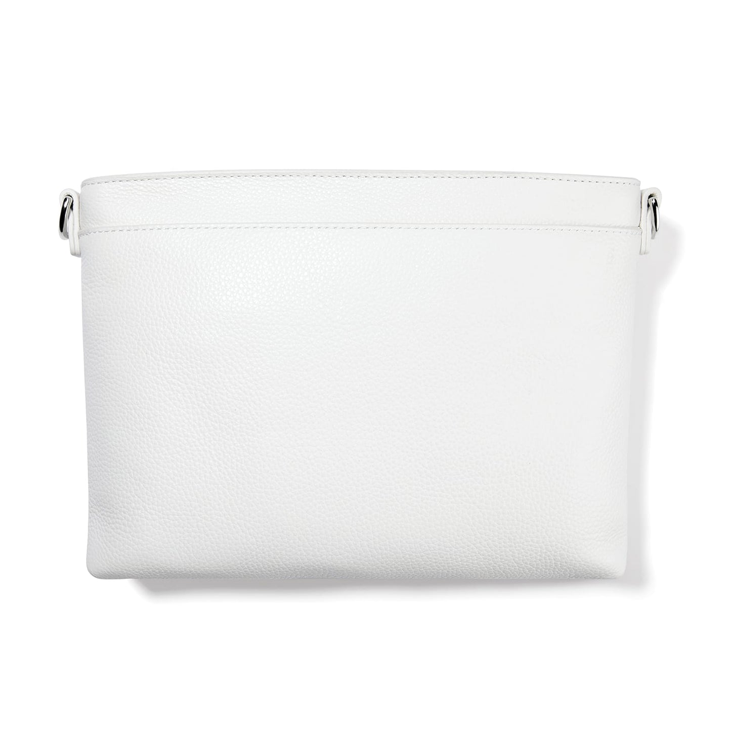 Brighton handbag shown from the back in white pebbled leather with silver-tone strap rings on a white background