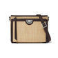 Brighton crossbody handbag in woven straw with dark brown leather trim and silver-tone medallion accent on a white background