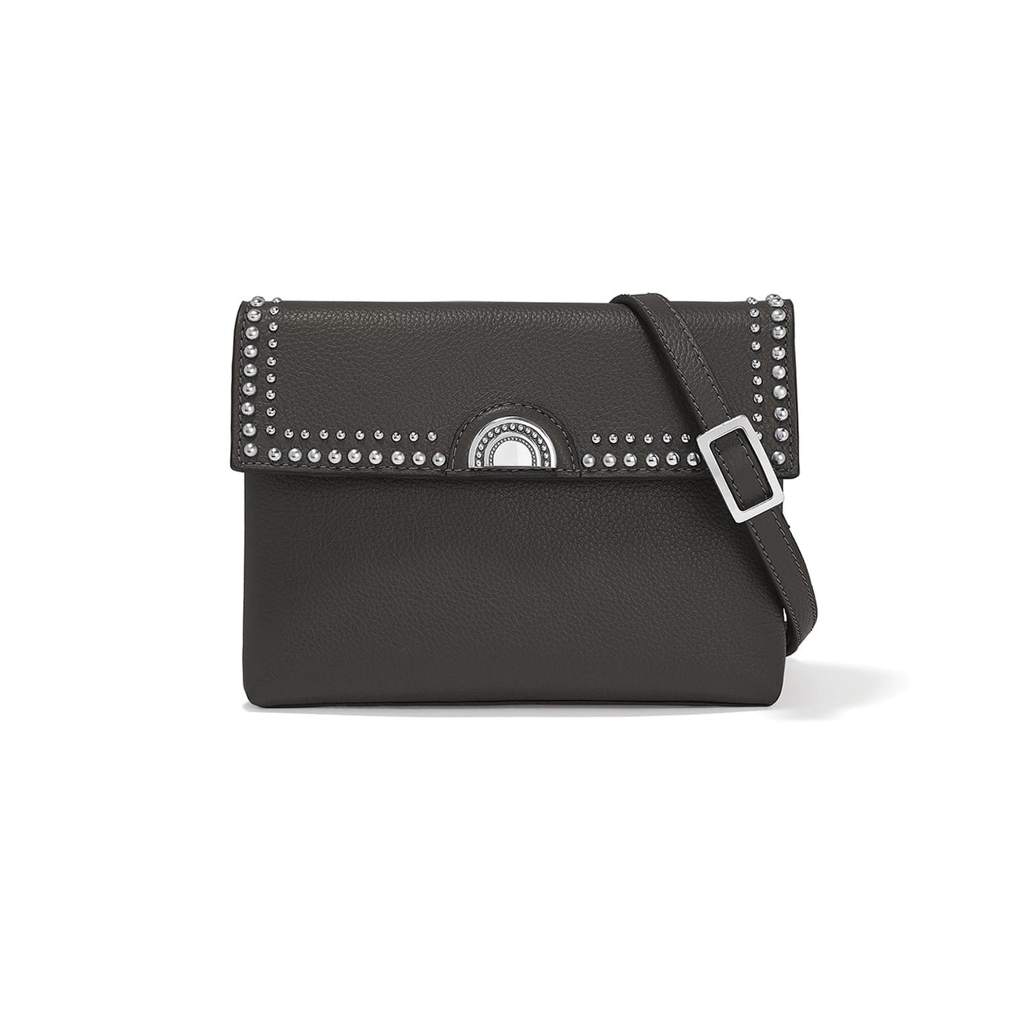 Brighton crossbody handbag in dark gray leather with silver-tone studded flap and adjustable strap on a white background