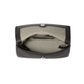 Brighton handbag shown open with black textured leather exterior and patterned fabric interior lining on a white background