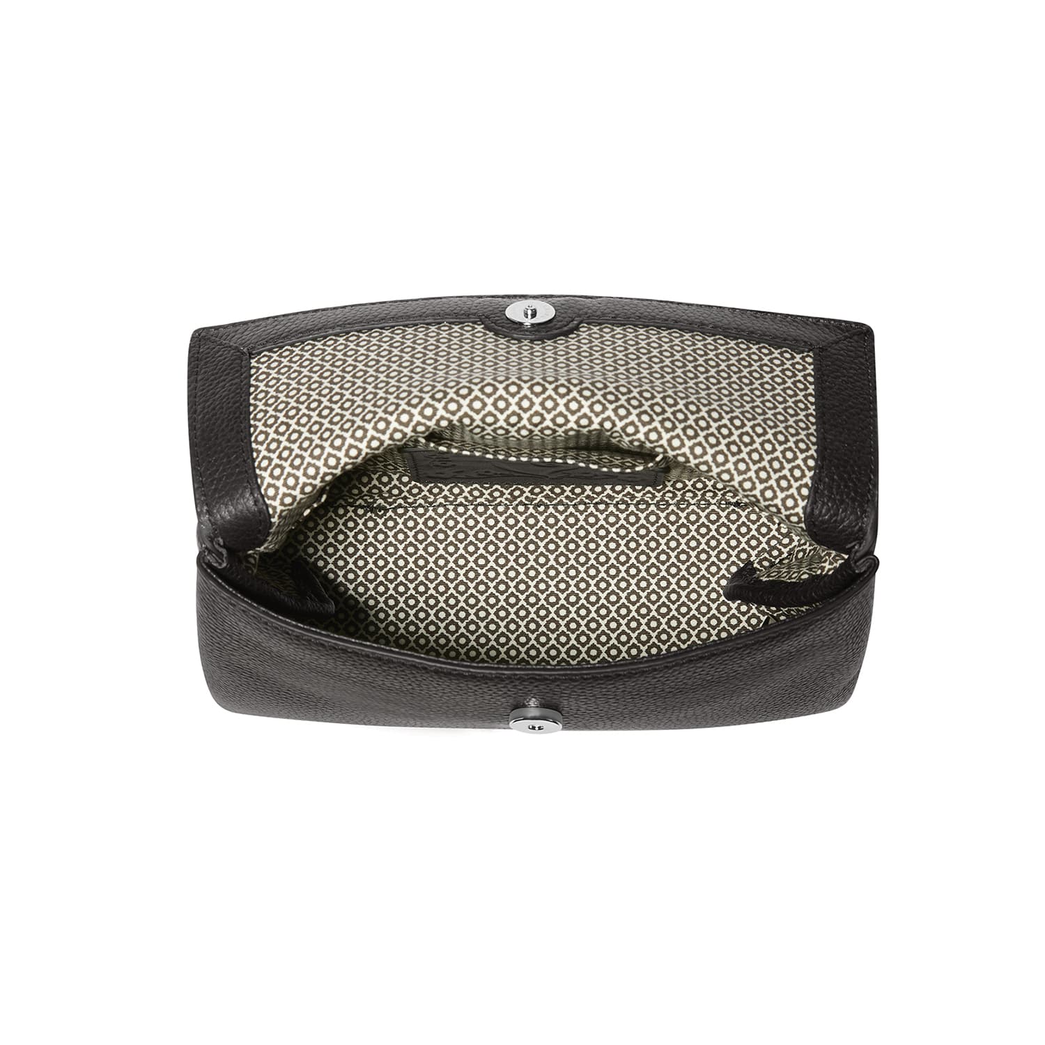 Brighton handbag shown open with black textured leather exterior and patterned fabric interior lining on a white background