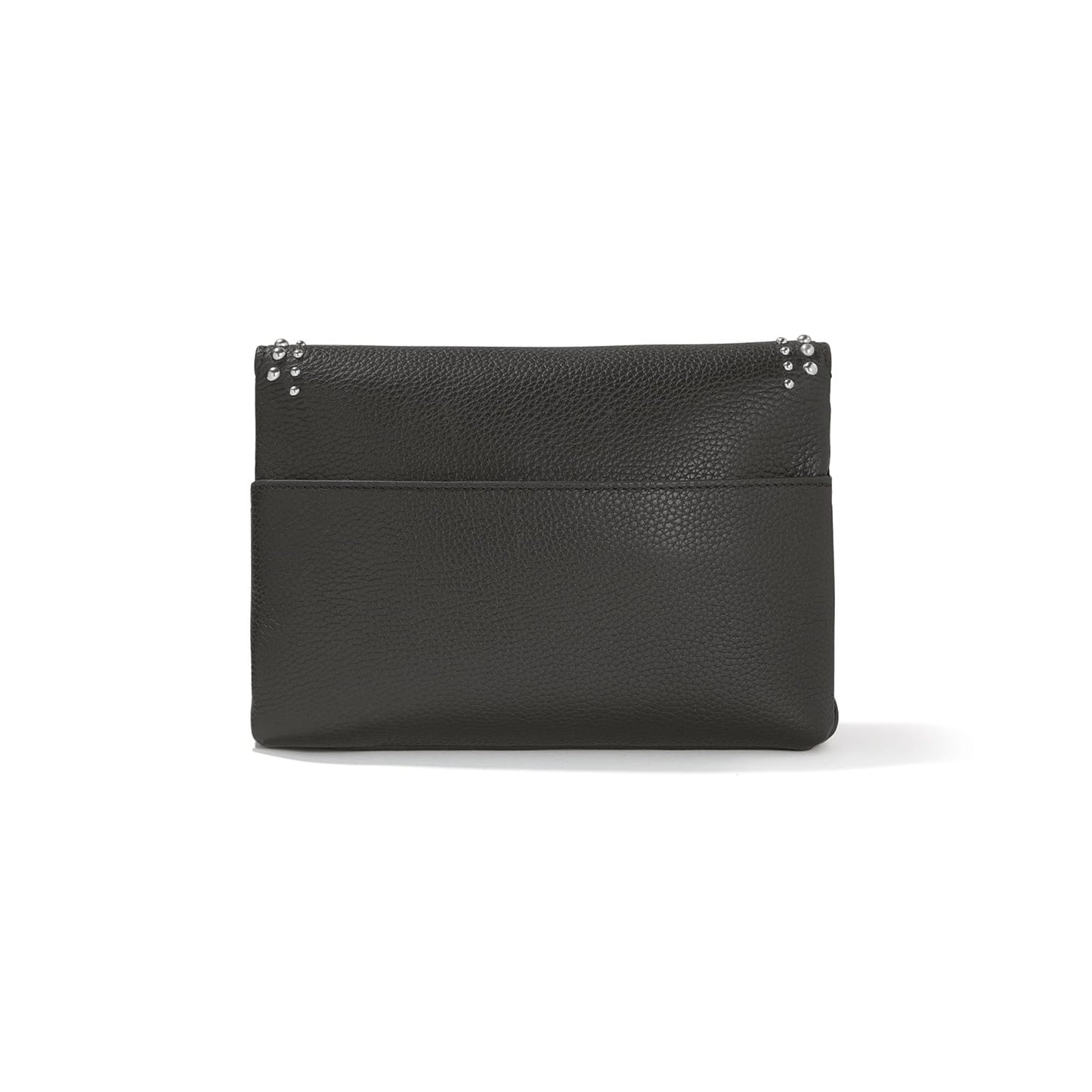 Brighton black pebbled leather handbag shown from the back with silver-tone studs and front slip pocket on a white background