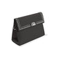 Brighton black leather handbag with silver-tone studded flap, medallion clasp, and crossbody strap on a white background