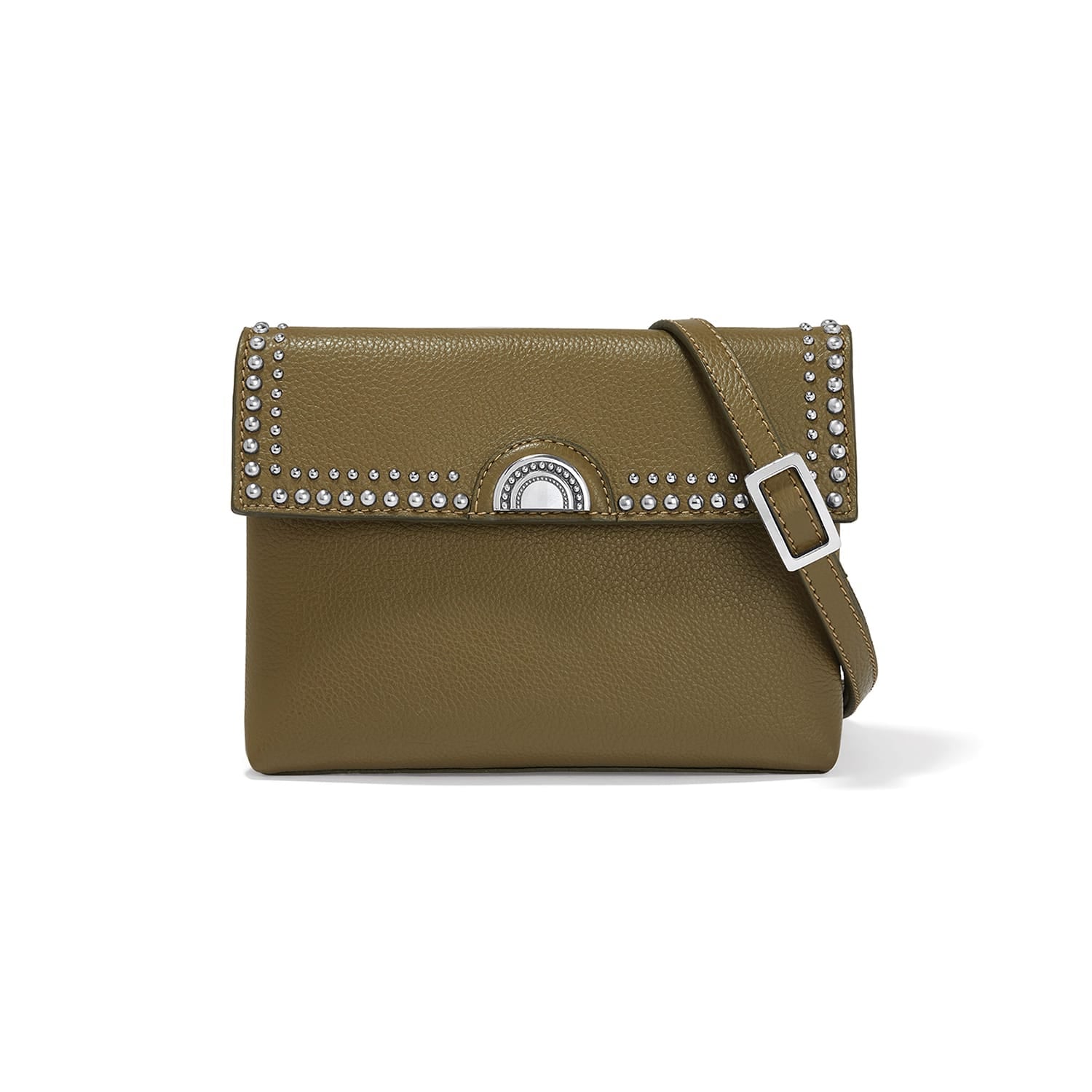 Brighton olive green leather crossbody handbag with silver-tone studded flap, medallion clasp, and adjustable strap on a white background