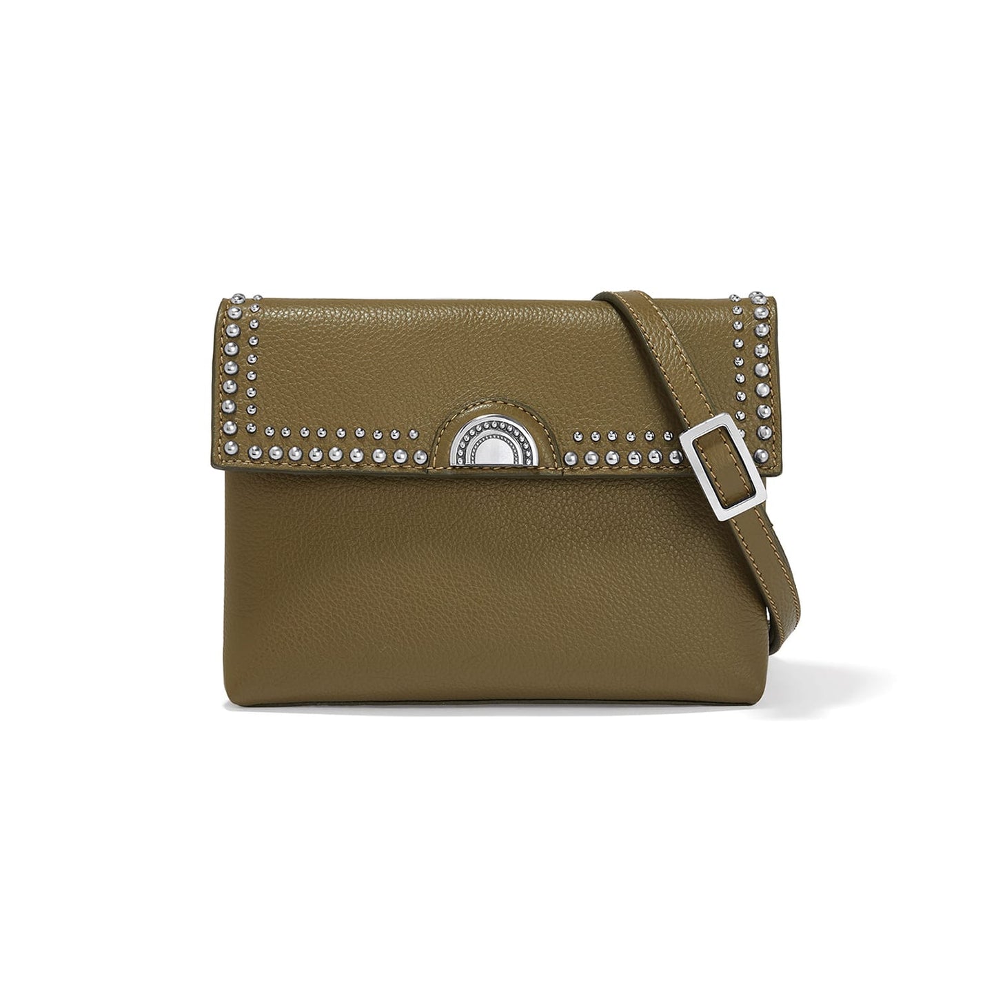 Brighton olive green leather crossbody handbag with silver-tone studded flap, medallion clasp, and adjustable strap on a white background