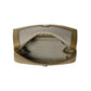 Brighton handbag shown open with gold-tone leather exterior and patterned brown geometric fabric interior on a white background
