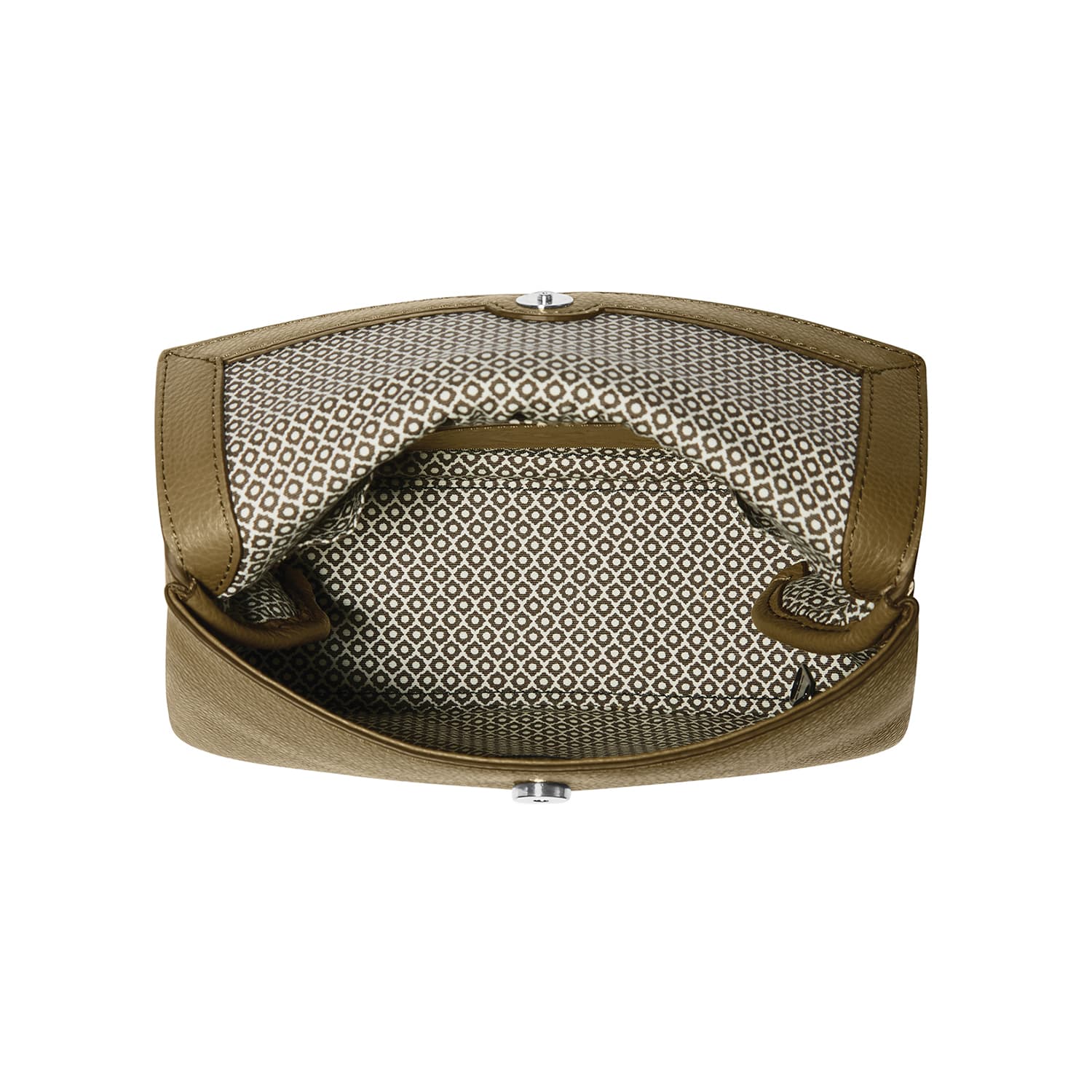 Brighton handbag shown open with gold-tone leather exterior and patterned brown geometric fabric interior on a white background