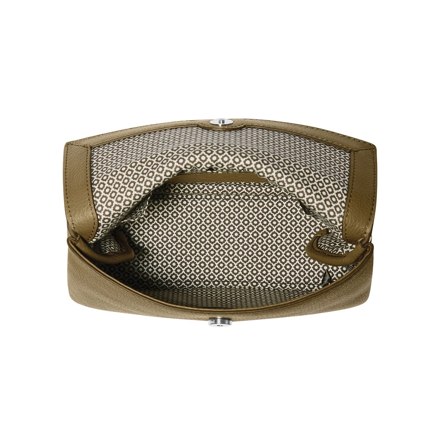 Brighton handbag shown open with gold-tone leather exterior and patterned brown geometric fabric interior on a white background
