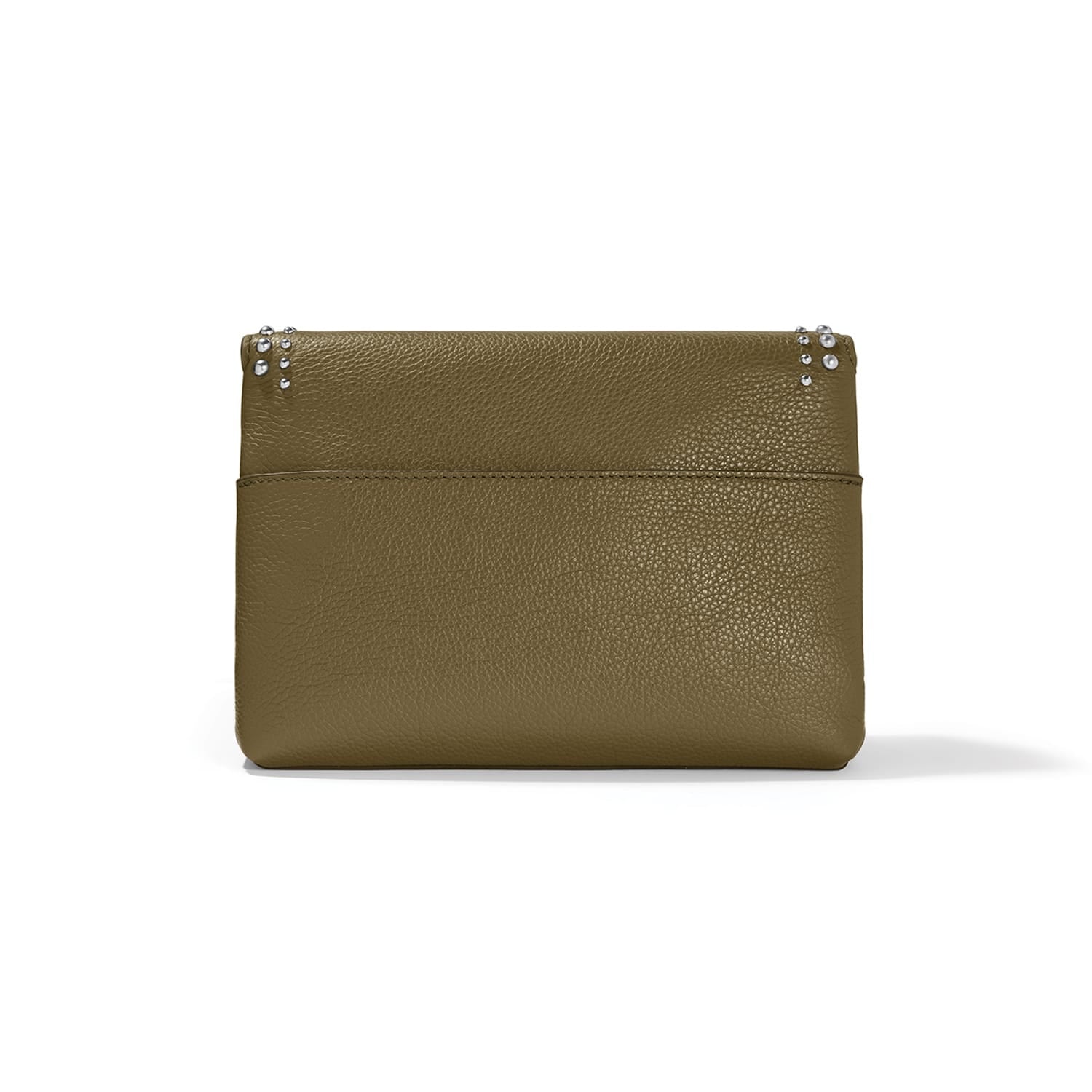 Brighton handbag shown from the back in olive pebbled leather with silver-tone studs and slip pocket on a white background