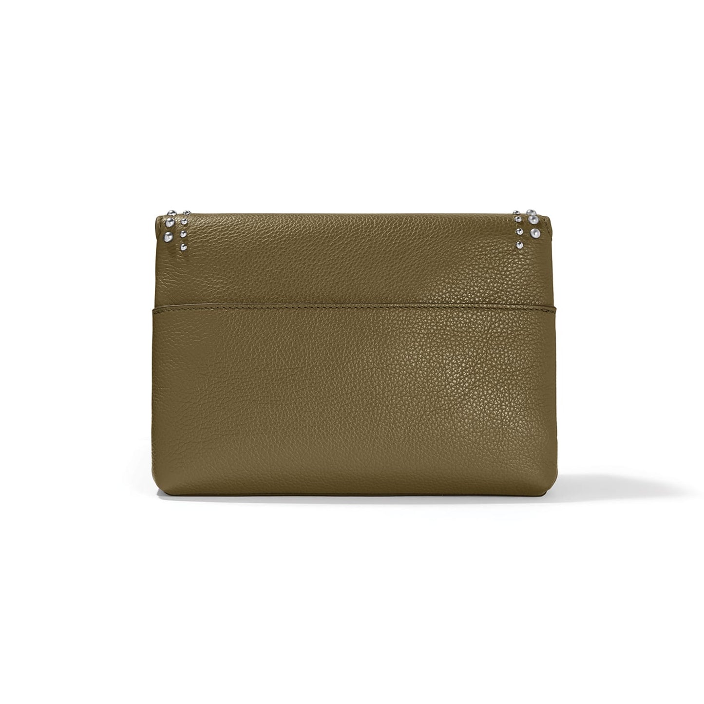Brighton handbag shown from the back in olive pebbled leather with silver-tone studs and slip pocket on a white background
