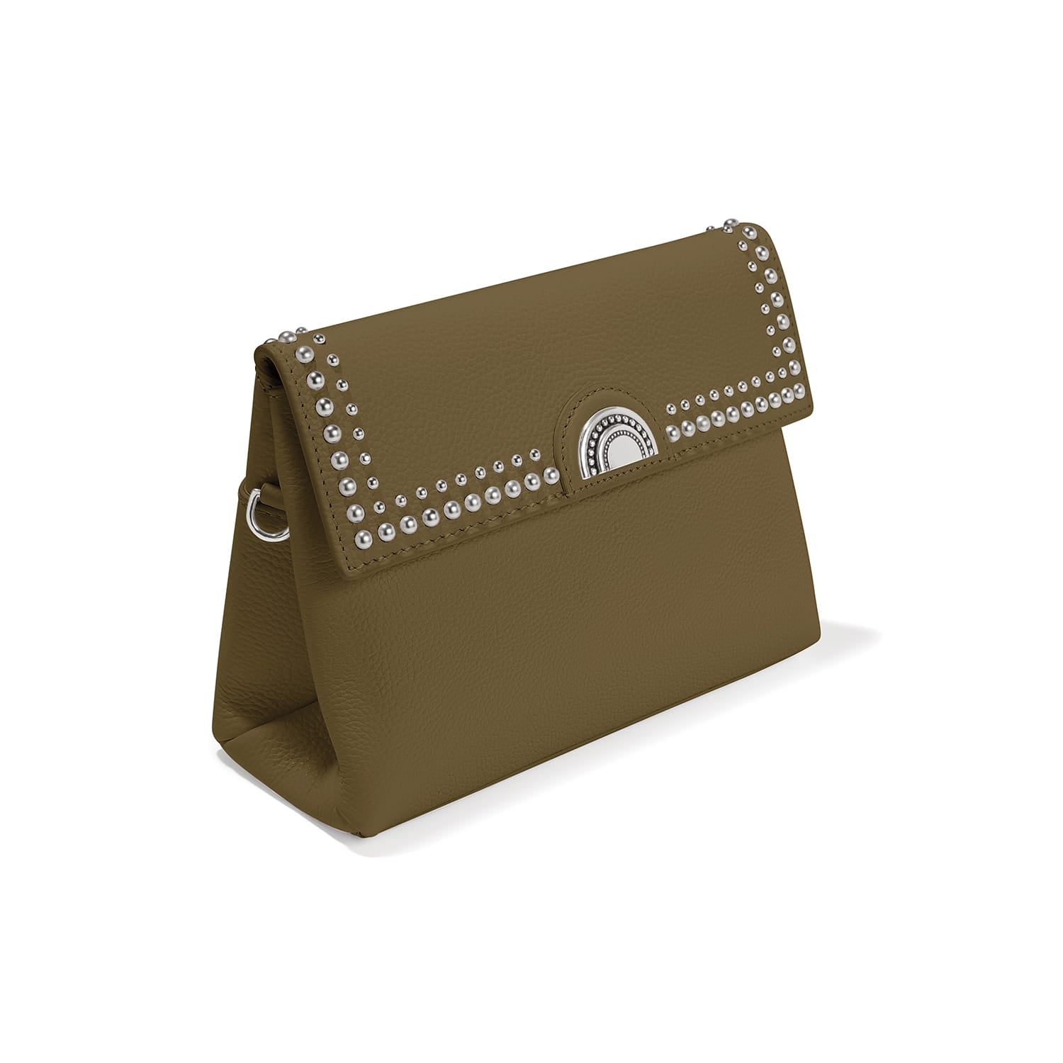 Brighton olive green leather handbag with silver-tone studded flap and decorative medallion clasp on a white background