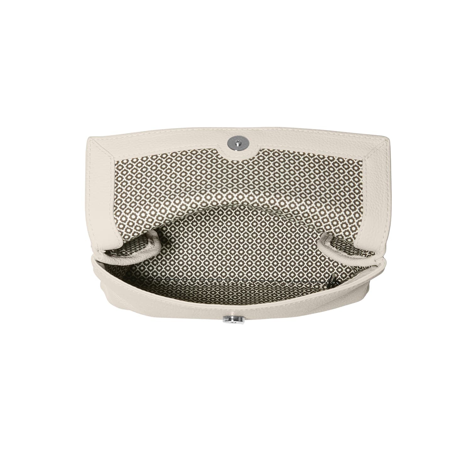 Brighton handbag interior view in cream leather with patterned fabric lining and silver-tone magnetic closure on a white background