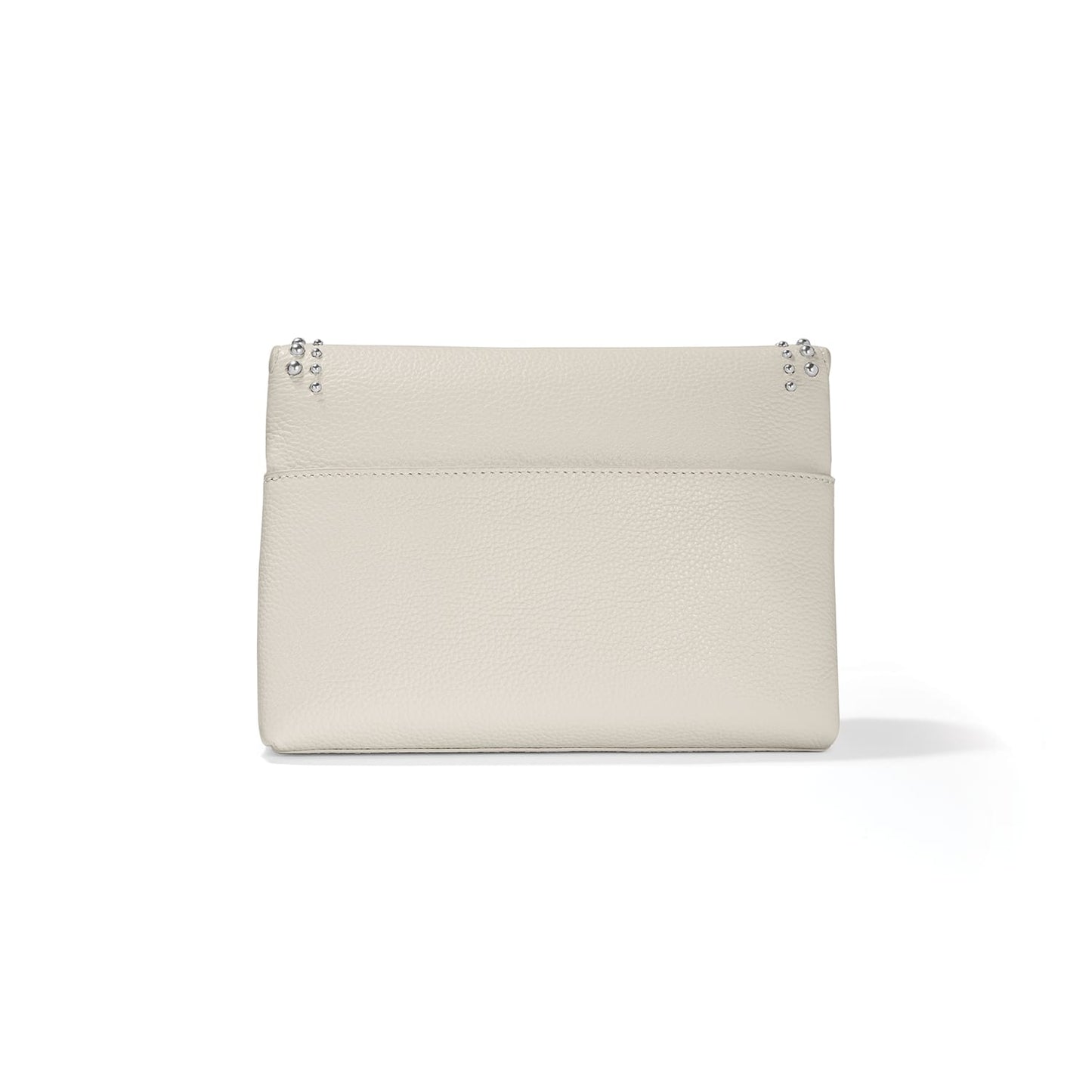 Brighton handbag shown from the back in cream pebbled leather with silver-tone studded corner accents on a white background
