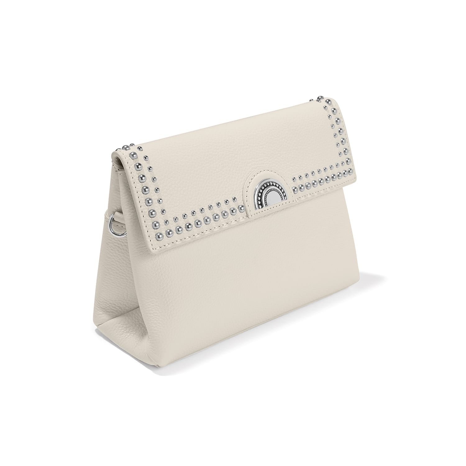 Brighton cream leather flap handbag with silver-tone studded trim and crossbody strap on a white background
