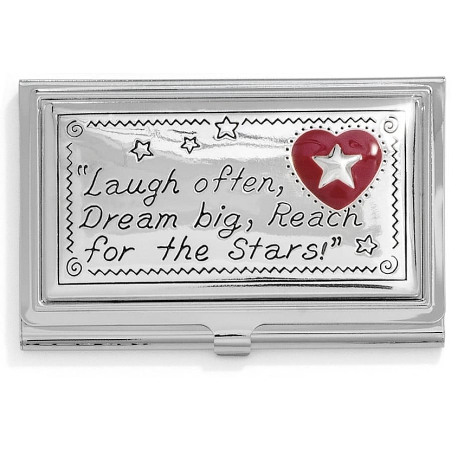 Brighton silver-tone business card case with engraved inspirational quote and red enamel heart star accent on a white background