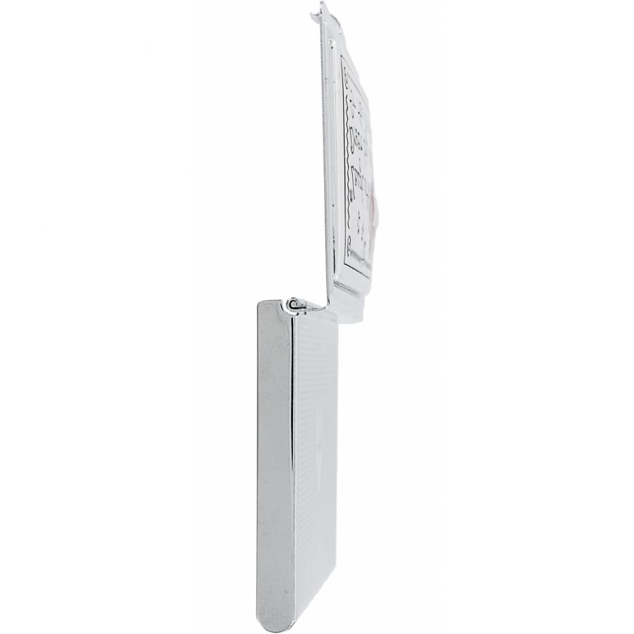 Brighton compact case shown open from the side with silver-tone textured finish and hinged lid on a white background