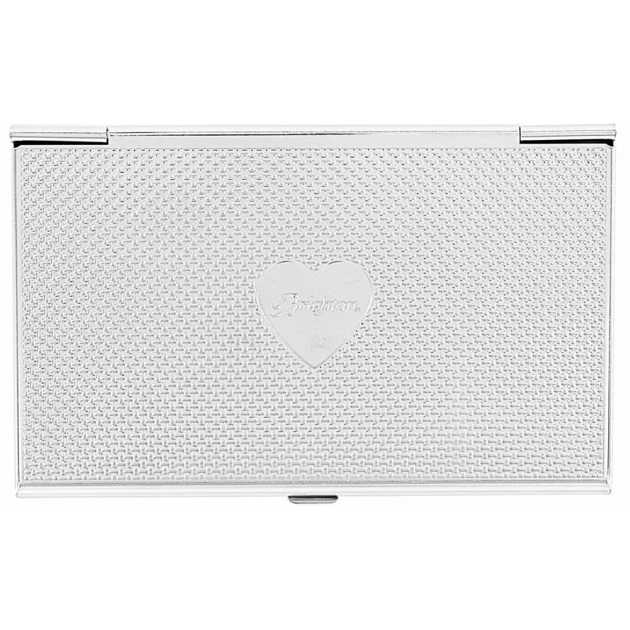 Brighton silver-tone business card case with woven basketweave texture and engraved heart emblem on a white background